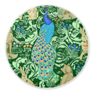 Art Nouveau Peacock Print, Cobalt Blue & Green Ceramic Knob