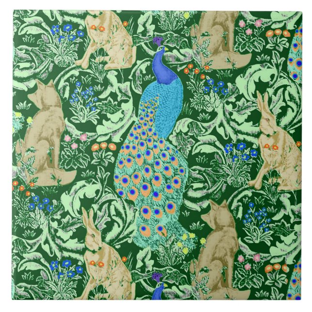 Art Nouveau Peacock Print, Cobalt Blue & Green Ceramic Tile (Front)