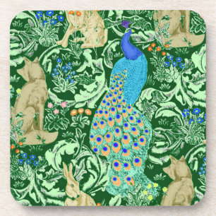 Art Nouveau Peacock Print, Cobalt Blue & Green Coaster