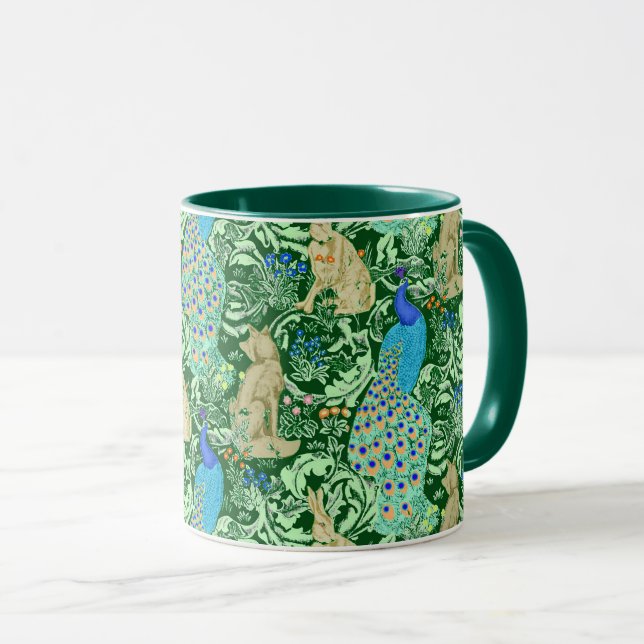 Art Nouveau Peacock Print, Cobalt Blue & Green Mug (Front Right)