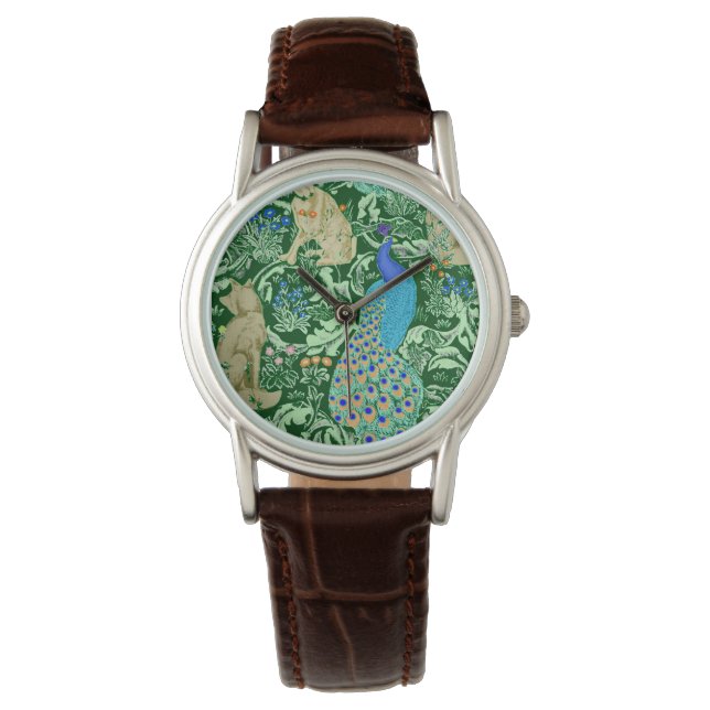 Art Nouveau Peacock Print, Cobalt Blue & Green Watch (Front)