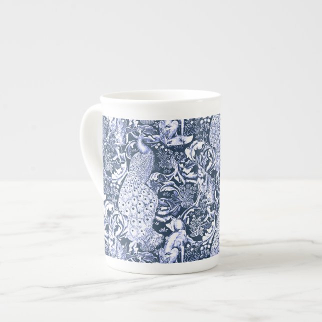 Art Nouveau Peacock Print, Navy and White Bone China Mug (Front Left)
