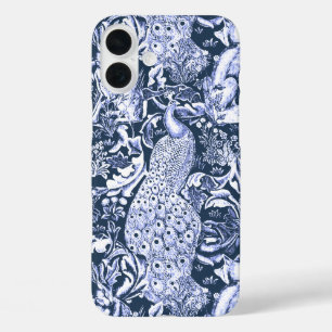 Art Nouveau Peacock Print, Navy and White iPhone 16 Plus Case
