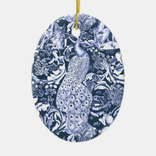 Art Nouveau Peacock Print, Navy and White Ceramic Tree Decoration
