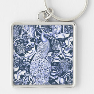 Art Nouveau Peacock Print, Navy and White Key Ring