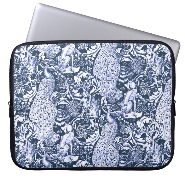 Art Nouveau Peacock Print, Navy and White Laptop Sleeve (Front)