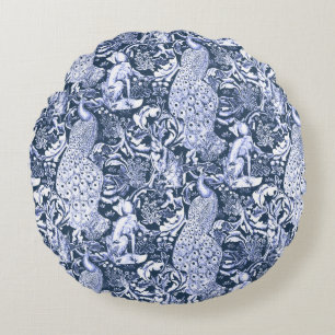 Art Nouveau Peacock Print, Navy and White Round Cushion