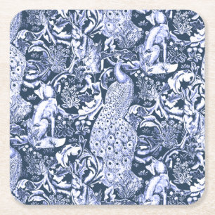 Art Nouveau Peacock Print, Navy and White Square Paper Coaster