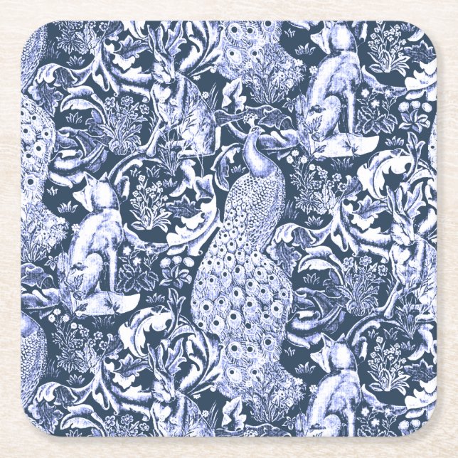 Art Nouveau Peacock Print, Navy and White Square Paper Coaster (Front)