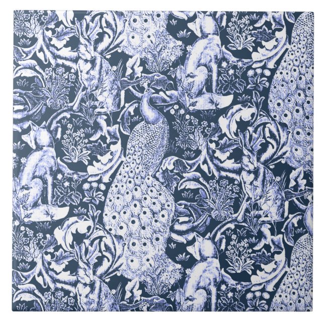 Art Nouveau Peacock Print, Navy and White Tile (Front)
