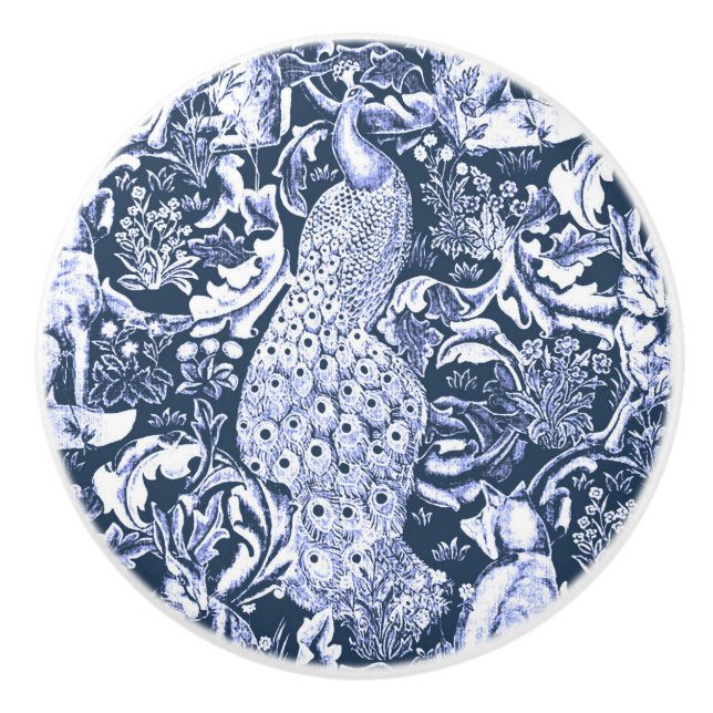 Art Nouveau Peacock Print, Navy Blue and White Ceramic Knob (Front)