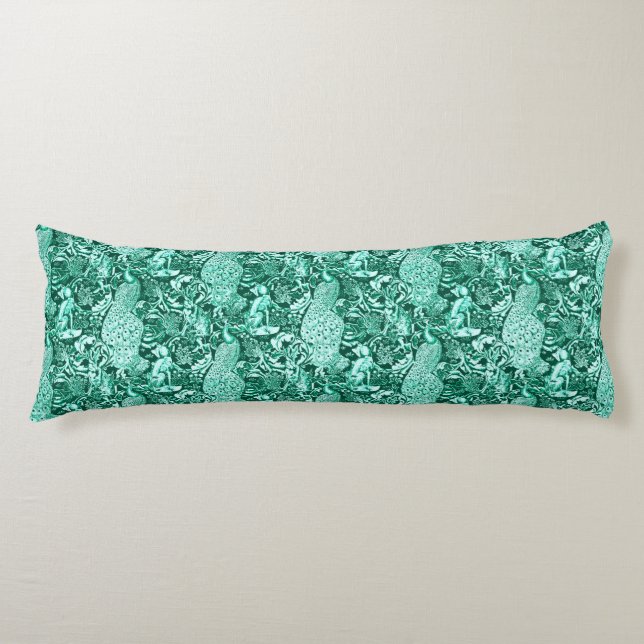 Art Nouveau Peacock Print, Turquoise and Aqua Body Cushion (Front)