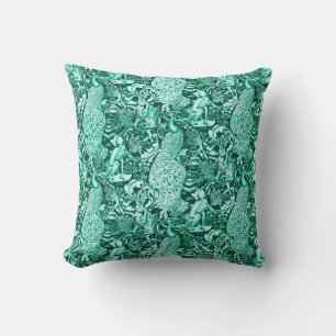 Art Nouveau Peacock Print, Turquoise and Aqua Cushion