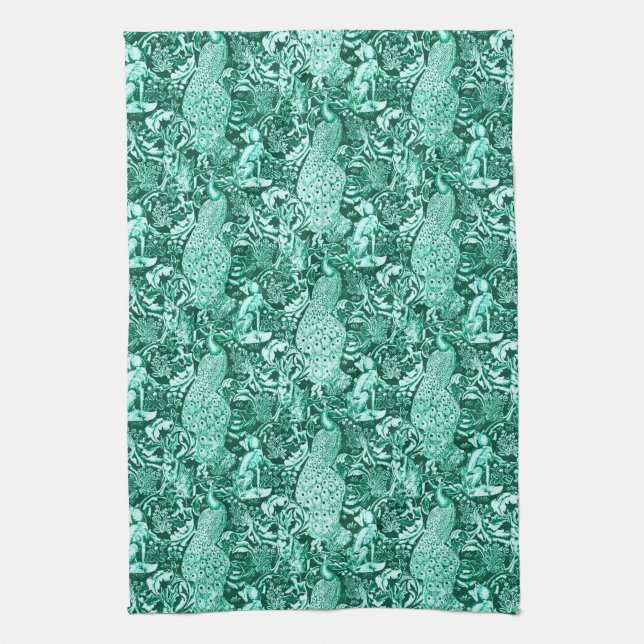 Art Nouveau Peacock Print, Turquoise and Aqua Tea Towel (Vertical)