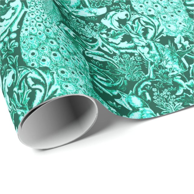 Art Nouveau Peacock Print, Turquoise and Aqua Wrapping Paper (Roll Corner)