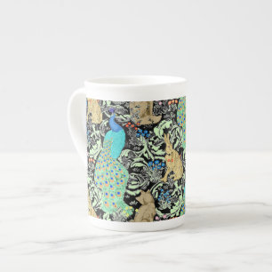 Art Nouveau Peacock Print, Turquoise & Neutrals Bone China Mug