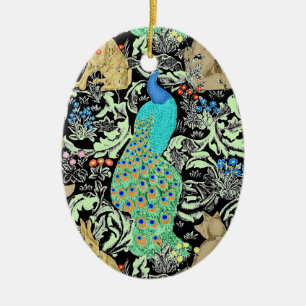 Art Nouveau Peacock Print, Turquoise & Neutrals Ceramic Ornament