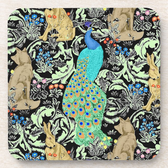 Art Nouveau Peacock Print, Turquoise & Neutrals Coaster (Front)