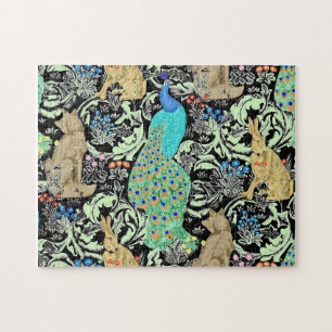 Art Nouveau Peacock Print, Turquoise & Neutrals Ji Jigsaw Puzzle