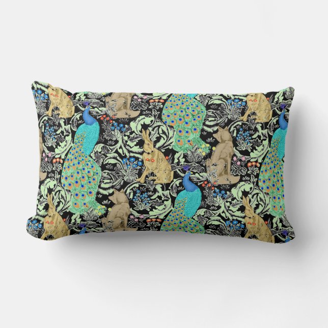 Art Nouveau Peacock Print, Turquoise & Neutrals Lumbar Cushion (Front)