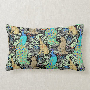 Art Nouveau Peacock Print, Turquoise & Neutrals Lumbar Cushion