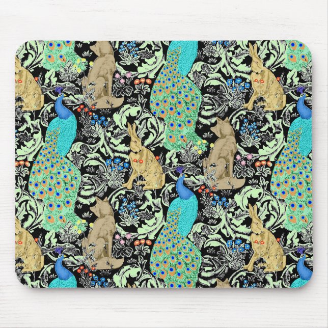 Art Nouveau Peacock Print, Turquoise & Neutrals Mouse Pad (Front)