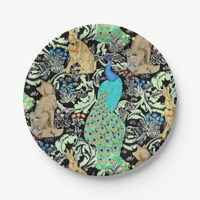 Art Nouveau Peacock Print, Turquoise & Neutrals Paper Plate (Front)