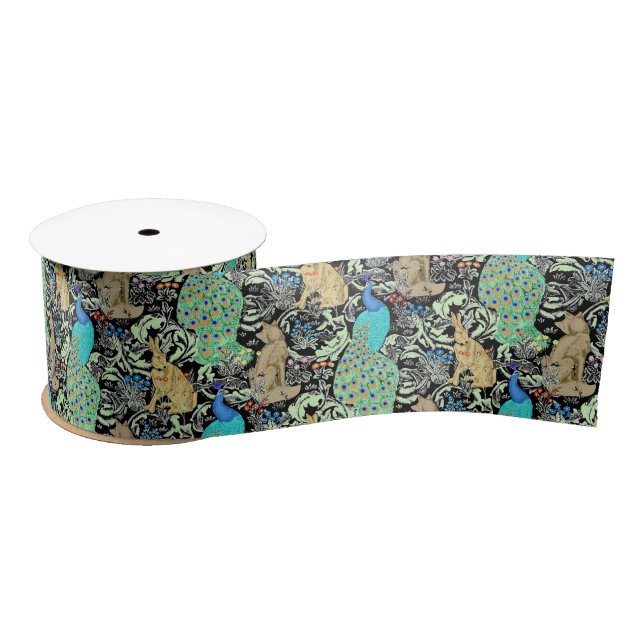 Art Nouveau Peacock Print, Turquoise & Neutrals Satin Ribbon (Spool)