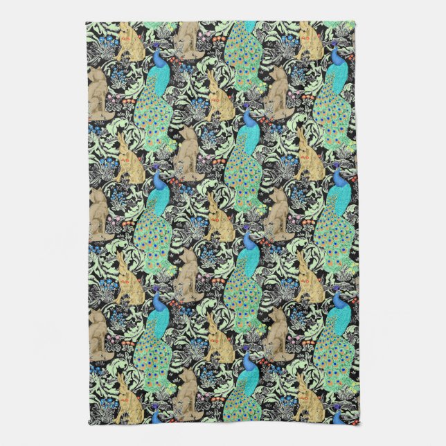 Art Nouveau Peacock Print, Turquoise & Neutrals Tea Towel (Vertical)