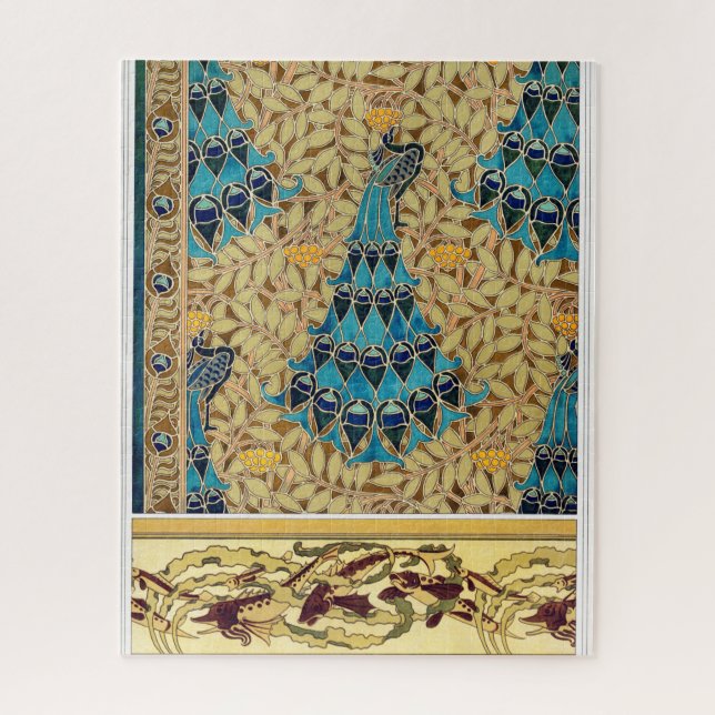 Art nouveau peacock textile deco verneuil blue  jigsaw puzzle (Vertical)