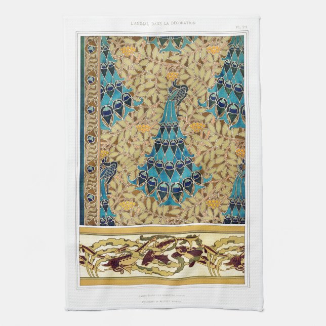 Art nouveau peacock textile deco verneuil blue  tea towel (Vertical)