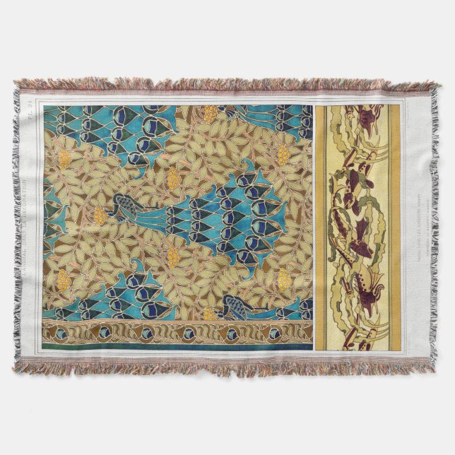 Art nouveau peacock textile deco verneuil blue  throw blanket (Front)