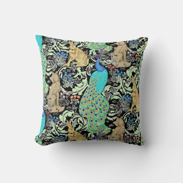 Art Nouveau Peacock, Turquoise & Neutrals Cushion (Front)