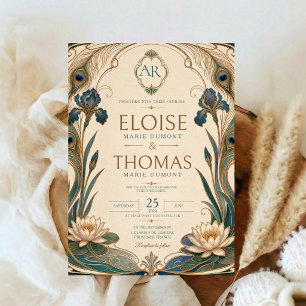 Art Nouveau Peacock Wedding Teal Gold Botanical Invitation