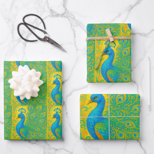 Art Nouveau Peacock Yellow Damask Pattern Wrapping Paper Sheet (Front)