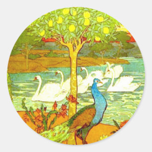 Art Nouveau Peacocks and Swans Classic Round Sticker