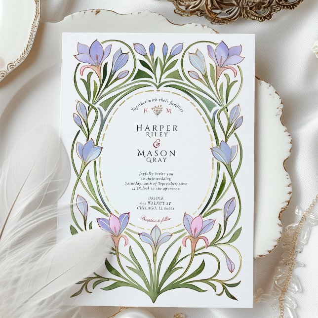 Art Nouveau Periwinkle Blue Floral Wedding Invitation (Creator Uploaded)