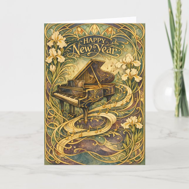 Art Nouveau Piano Floral Happy New Year Holiday Card (Front)