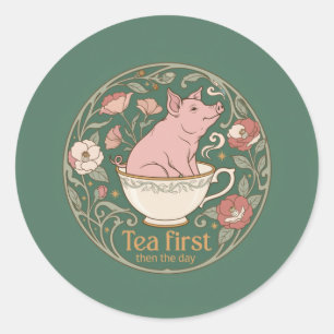 Art Nouveau Pig Teacup Wreath Round Sticker
