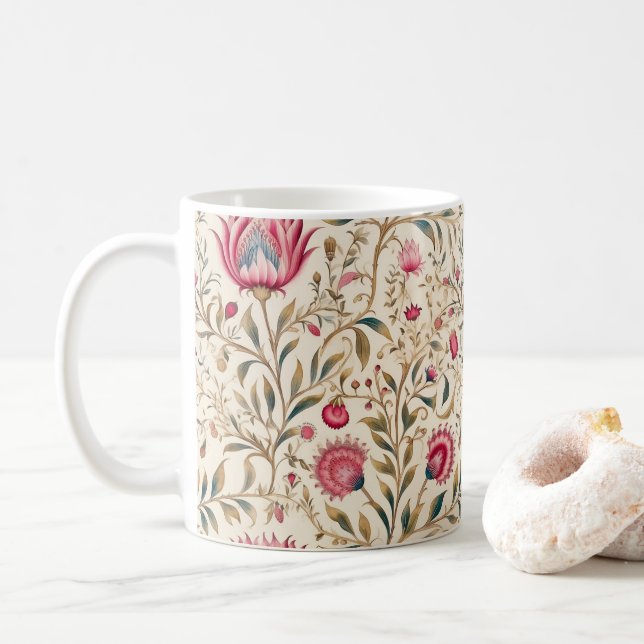 Art Nouveau Pink and Green Floral Mug (With Donut)