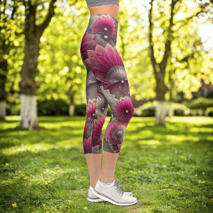 Art Nouveau Pink and Silver Fans Capri Leggings