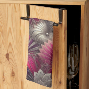 Art Nouveau Pink and Silver Fans Tea Towel
