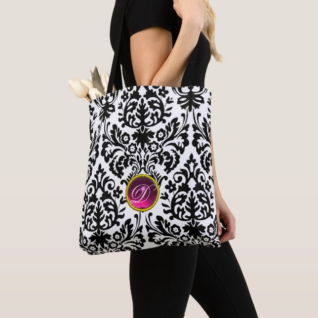 ART NOUVEAU PINK BLACK WHITE DAMASK PINK  MONOGRAM TOTE BAG (Close Up)
