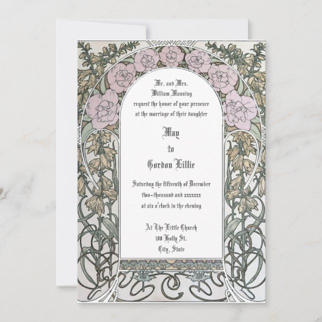 Art Nouveau Pink Floral Border by Alphonse Mucha Invitation (Front)