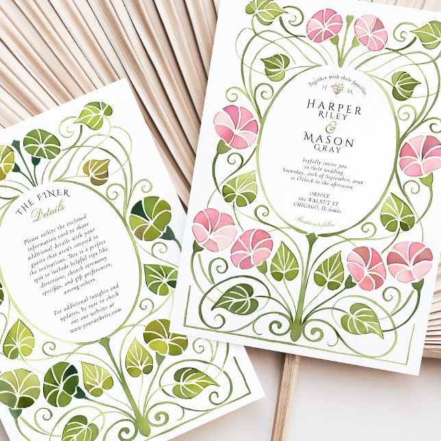 Art Nouveau Pink Greenery Foliage Wedding Invitation (Creator Uploaded)