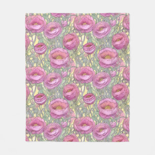 Art nouveau pink ranunculus fleece blanket