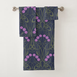 Art Nouveau Pink Roses and Sinuous Stems Bath Towel Set