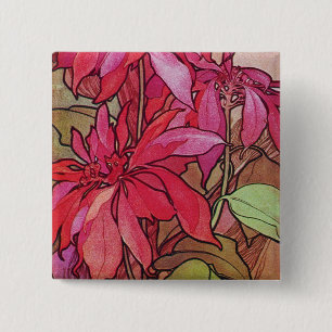 Art Nouveau Poinsettia Christmas Button Pin Mucha