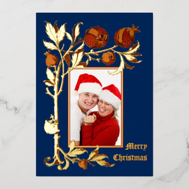 Art Nouveau Pomegranate Photo Christmas Foil Holiday Card (Front)