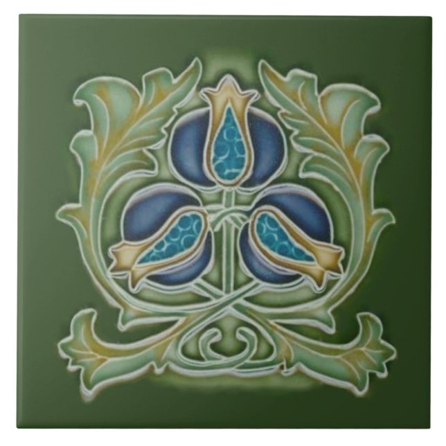 Art Nouveau Pomegranate Repro Tile Blues & Greens (Front)